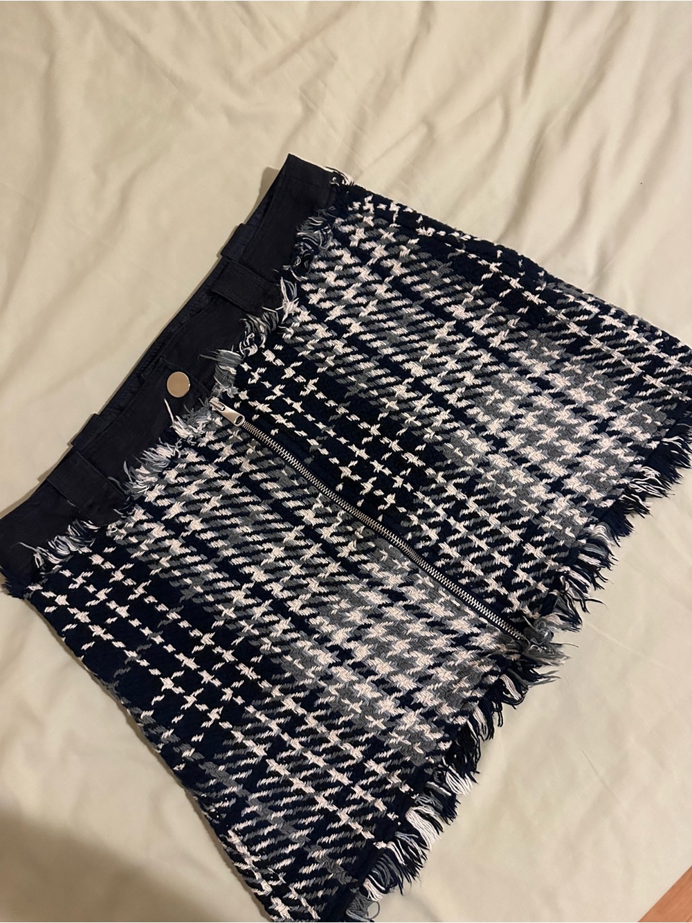 Zara Navy and White Houndstooth Fringe Mini Skirt